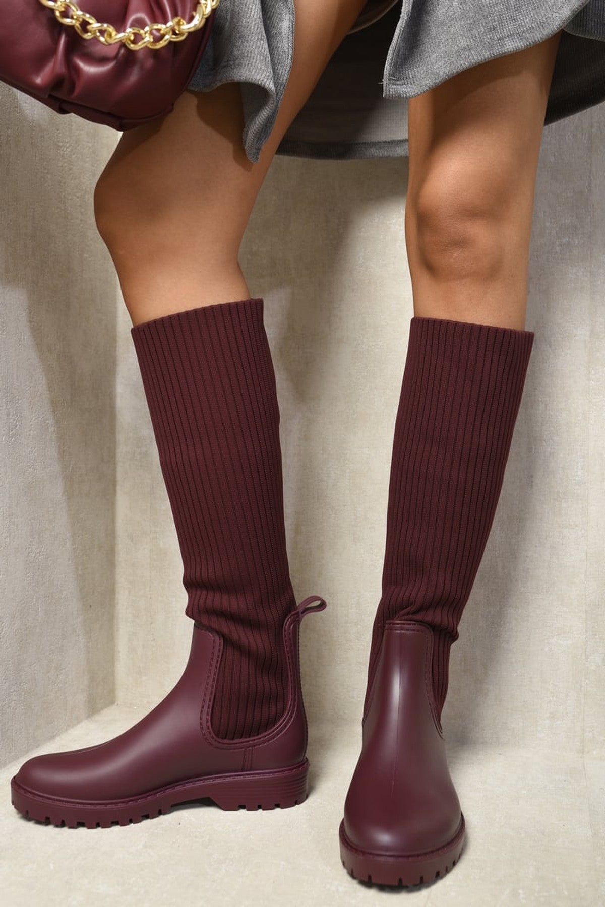 Lucille High Sock Platform Boots - Wine