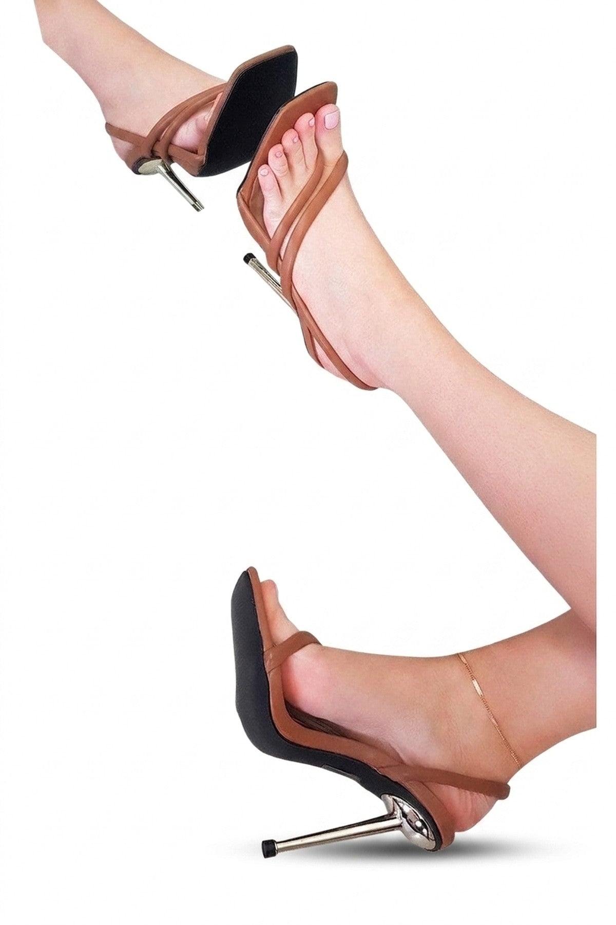 Lucinda Faux Leather Strappy High Heels - Brown_wb