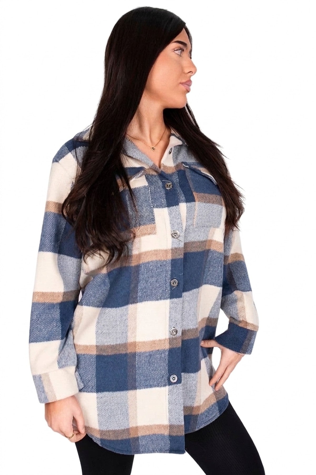 Luisa Plaid Print Long Sleeve Button Down Shacket - Blue_wb