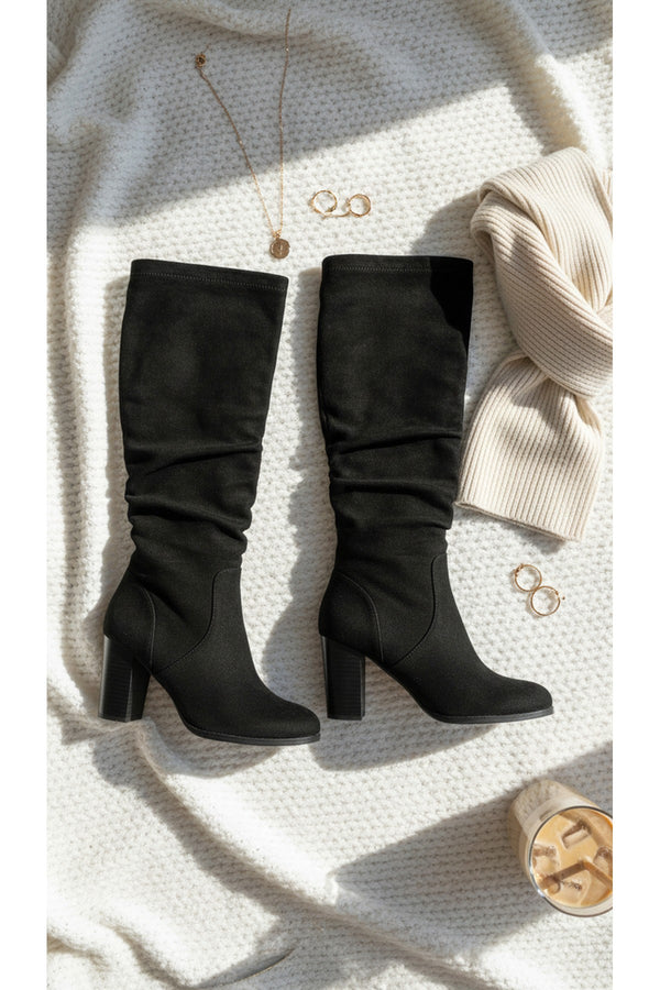 Lunara Suede Knee High Block Heel Boots - Black