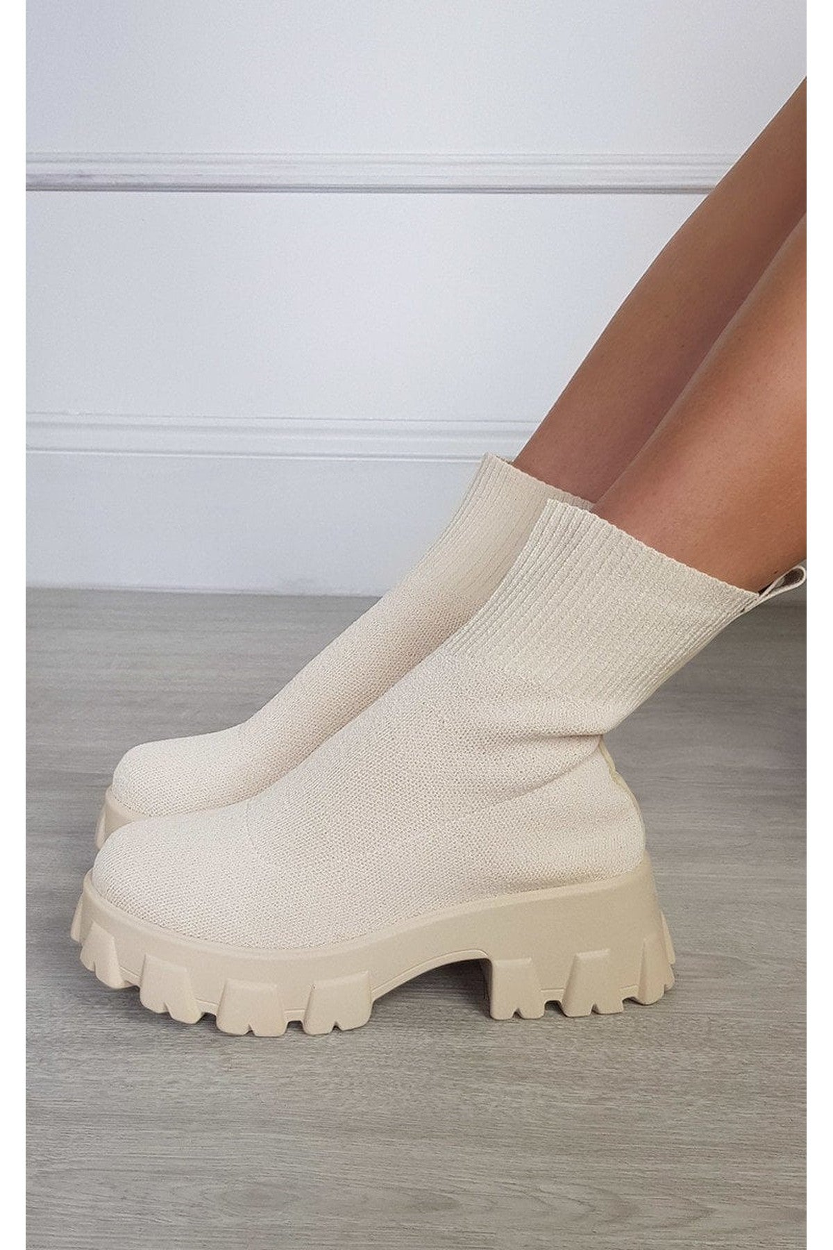 Lydia Chunky Sock Boots - Beige