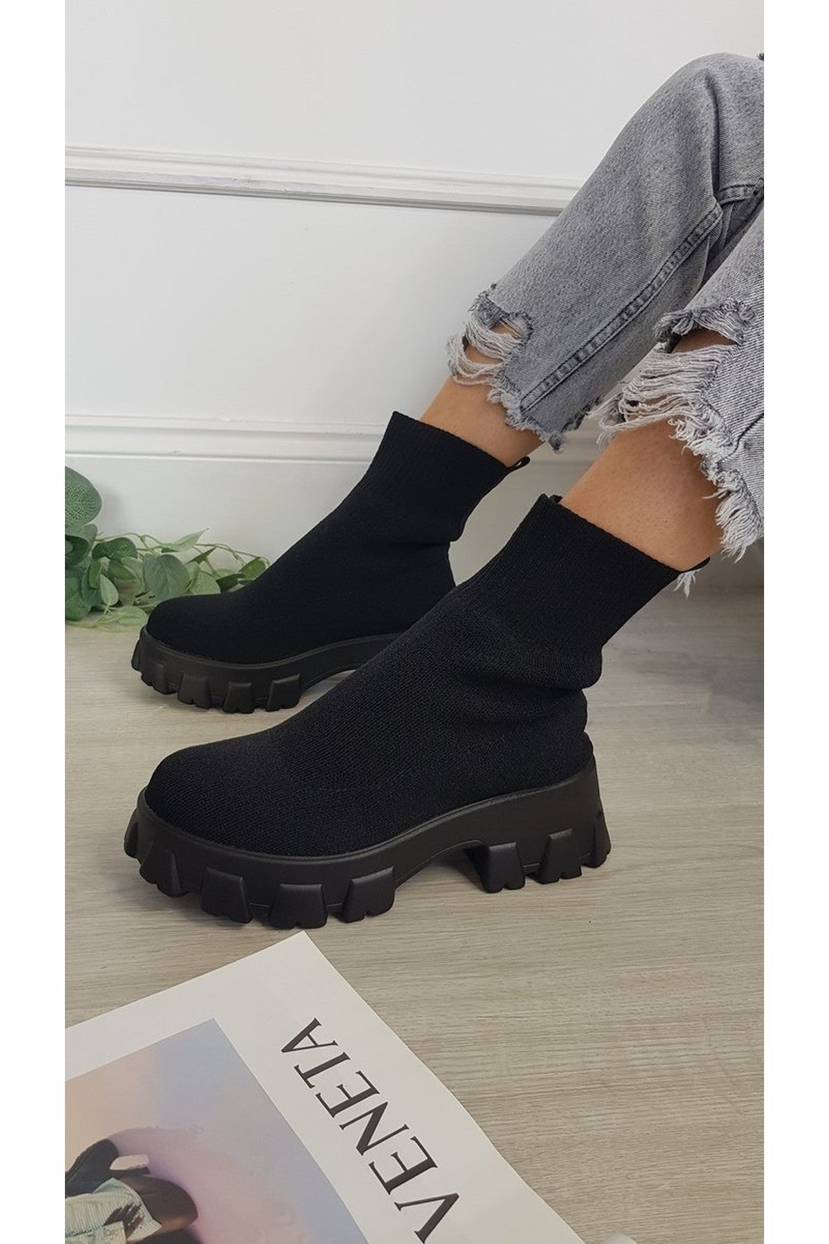 Lydia Chunky Sock Boots - Black/Black