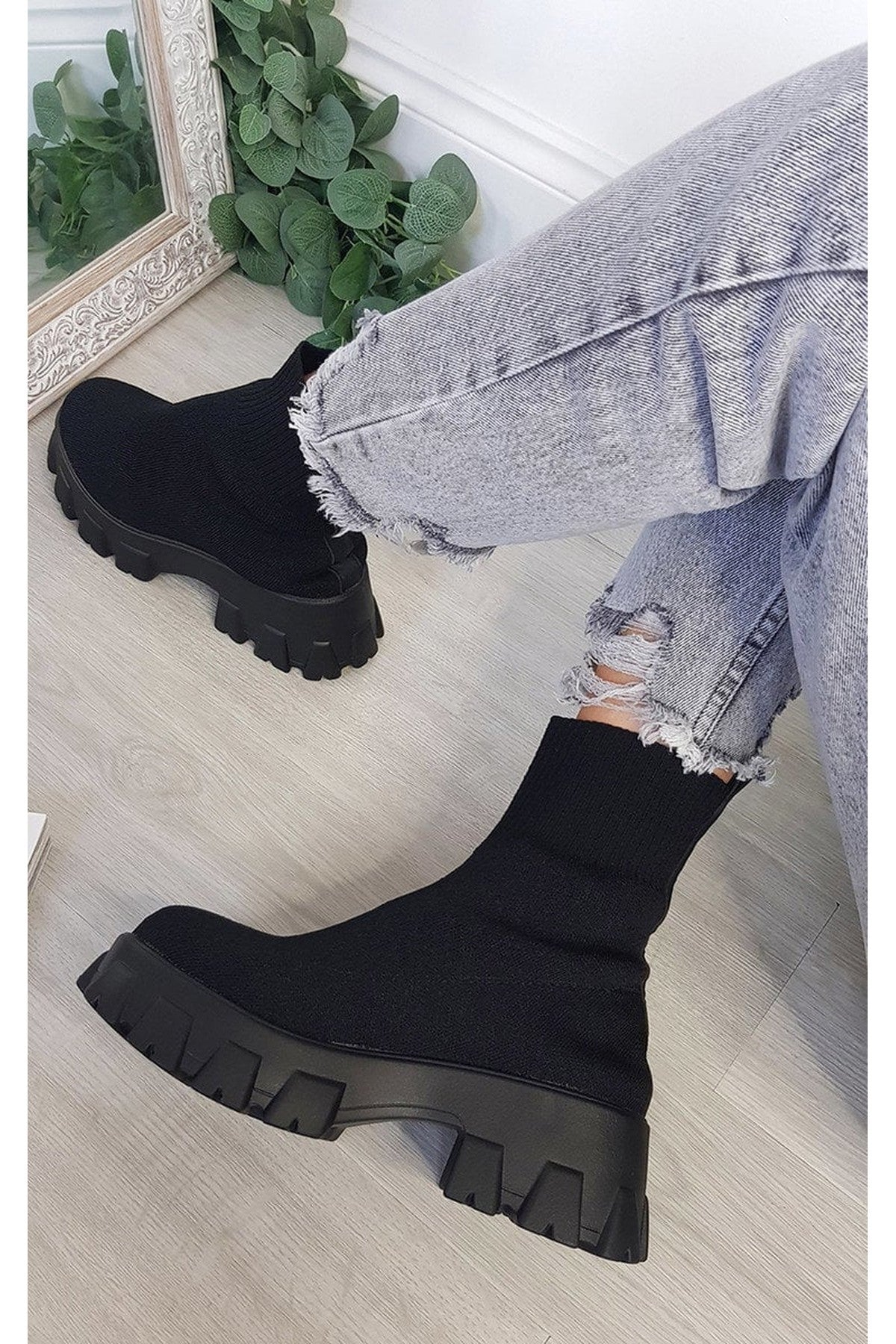 Lydia Chunky Sock Boots - Black/Black