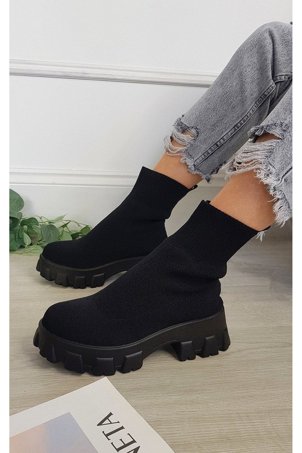 Lydia Chunky Sock Boots - Black/Black