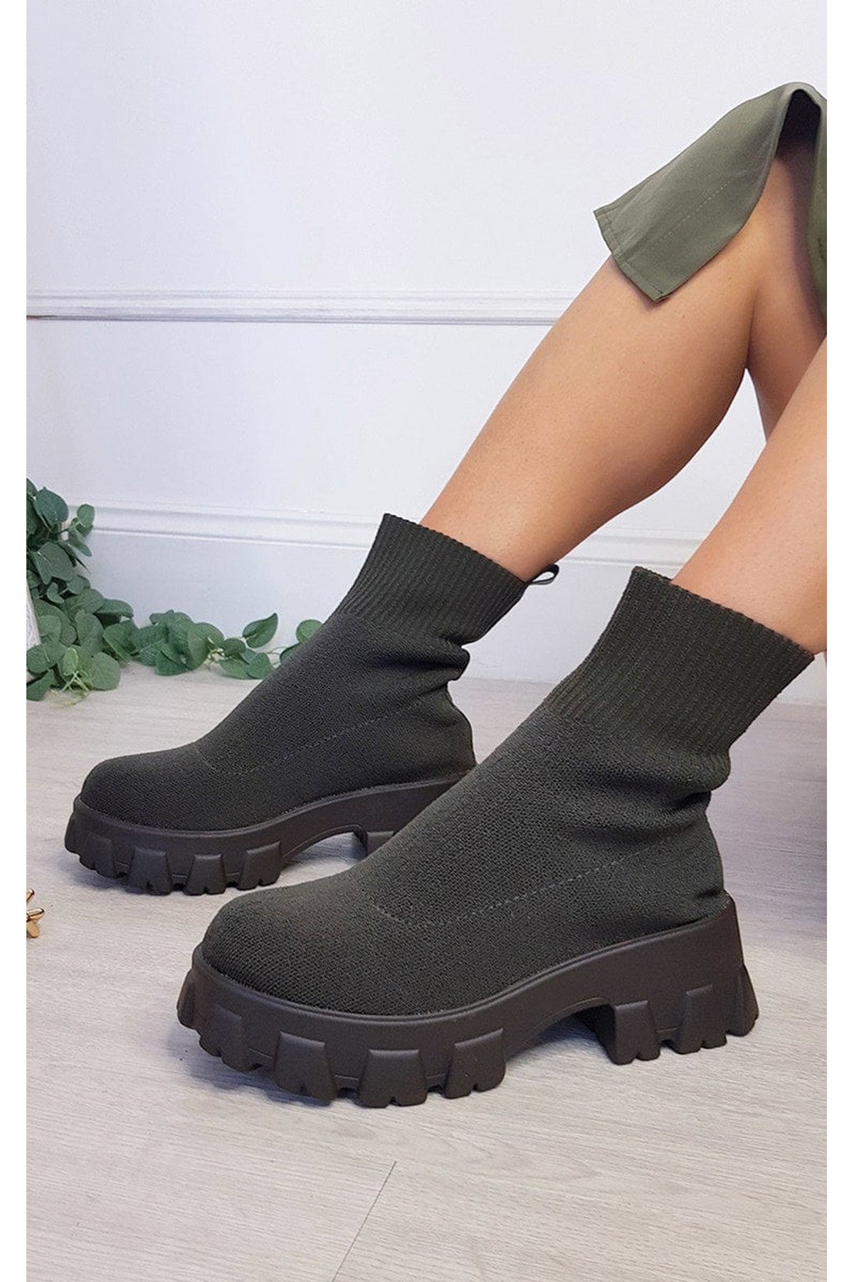 Lydia Chunky Sock Boots - Khaki