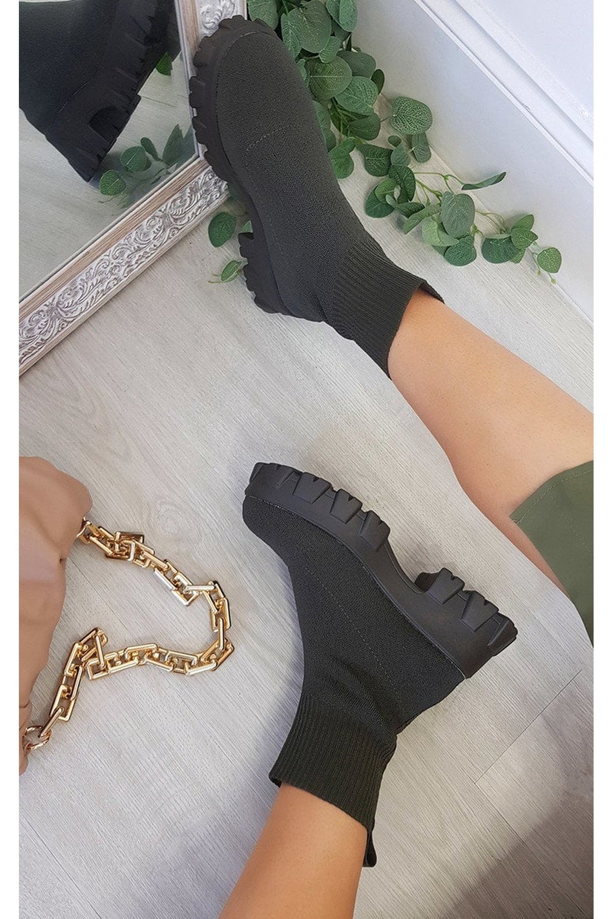 Lydia Chunky Sock Boots - Khaki