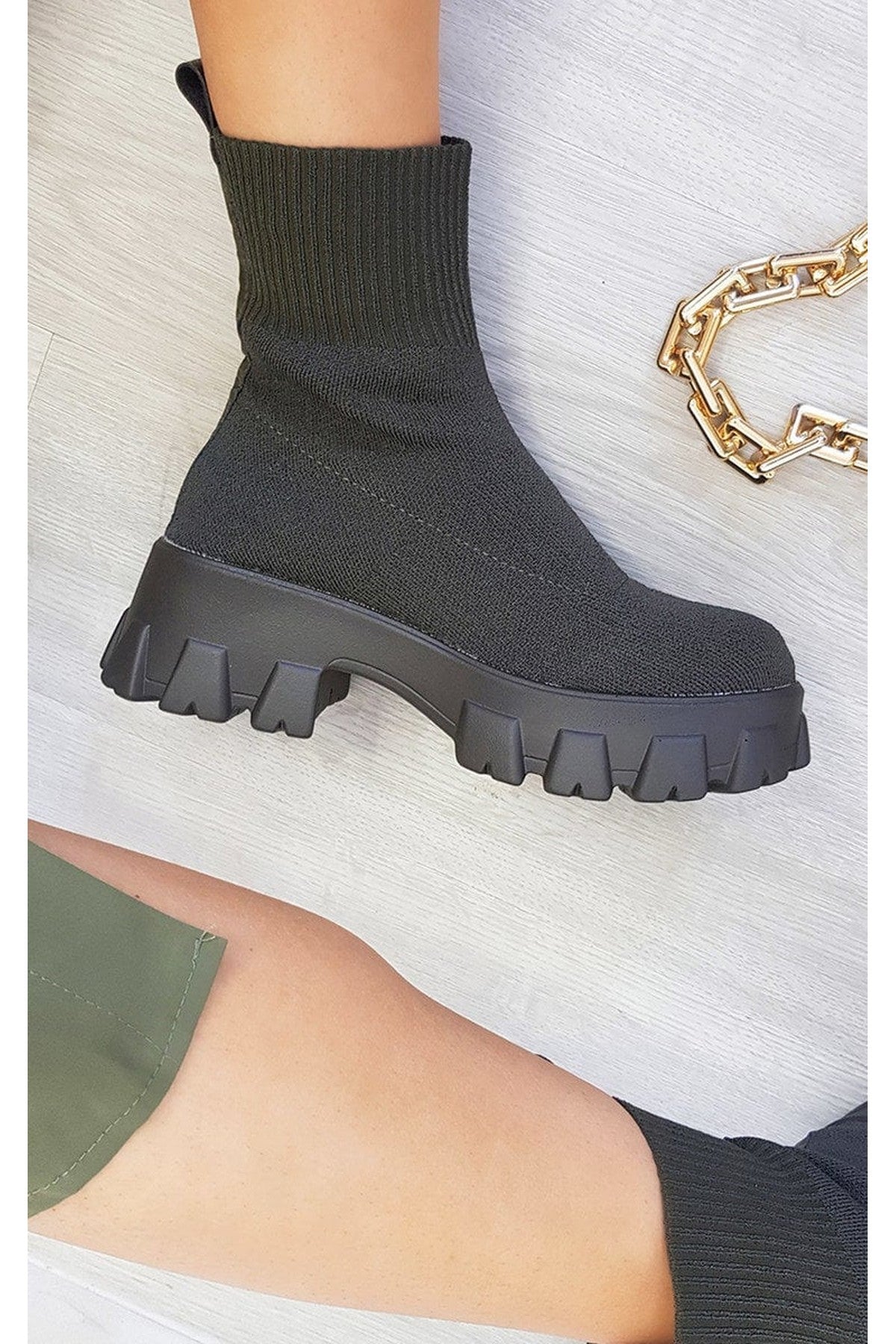 Lydia Chunky Sock Boots - Khaki