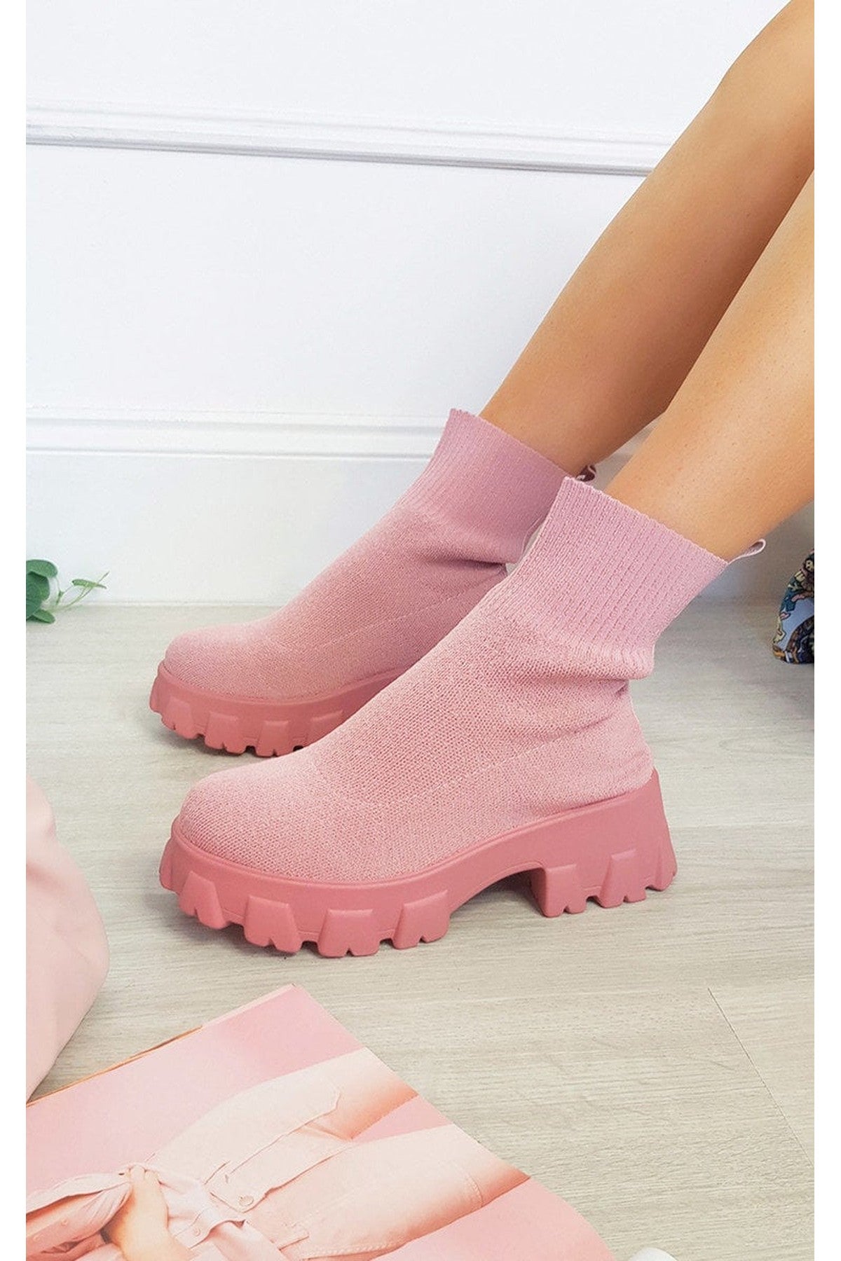 Lydia Chunky Sock Boots - Pink
