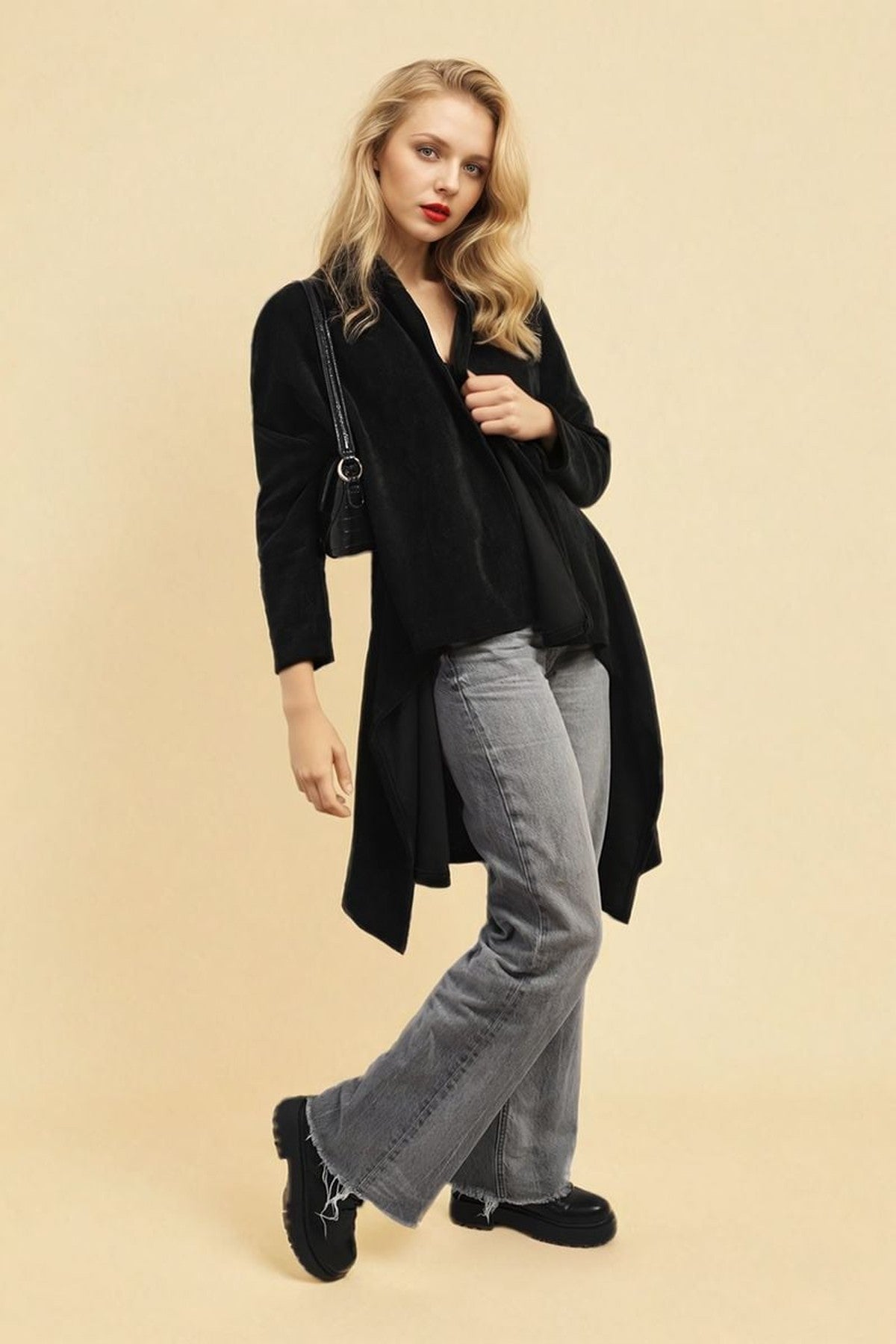 Lydia Open Front Long Back Knitted Cardigan - Black
