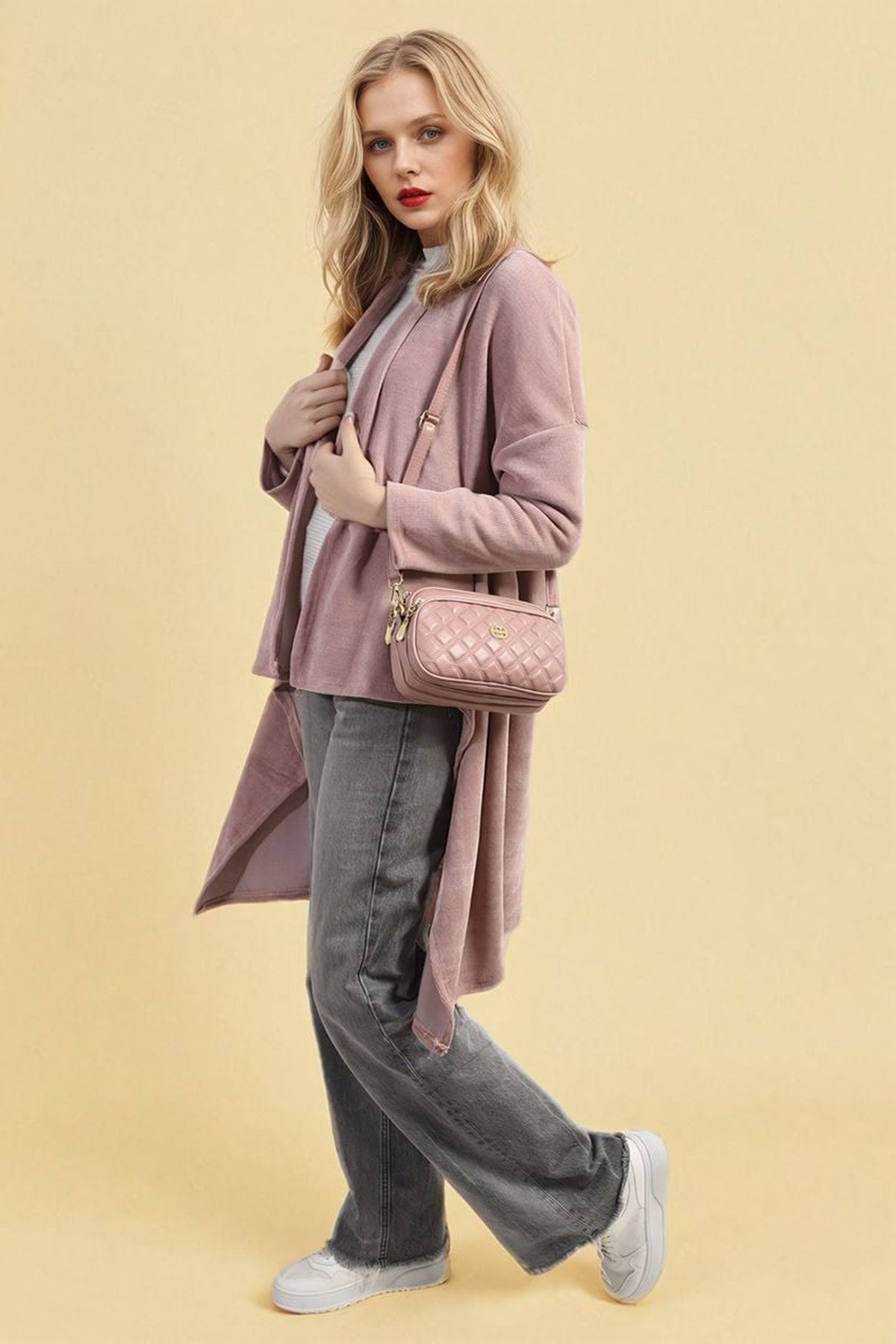 Lydia Open Front Long Back Knitted Cardigan - Pink