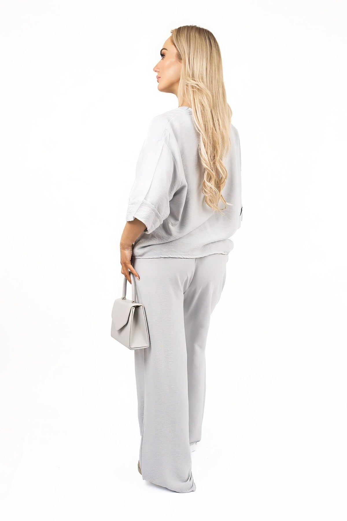 Lyssa Button Front Wide Sleeve Top And Trouser Co-ord Set - Grey