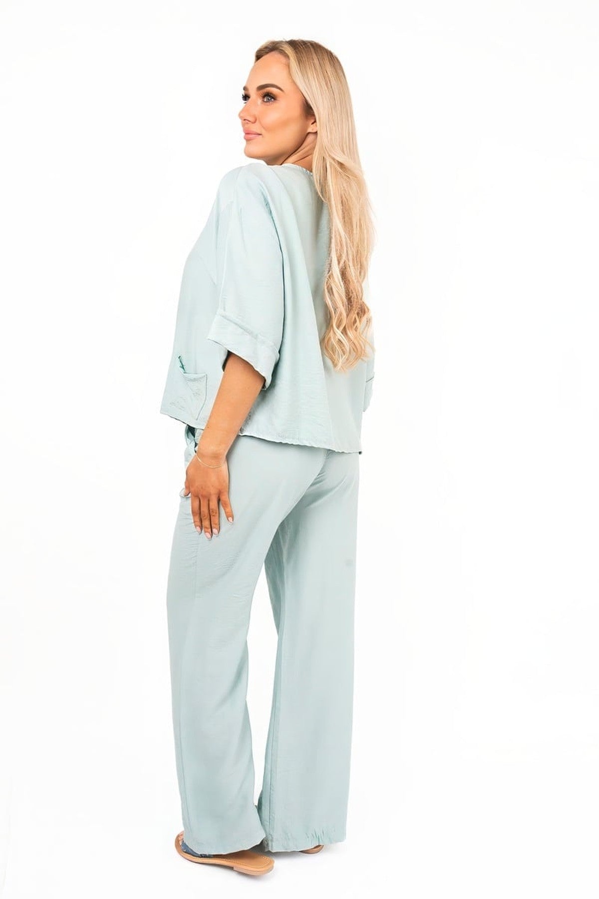 Lyssa Button Front Wide Sleeve Top And Trouser Co-ord Set - Mint