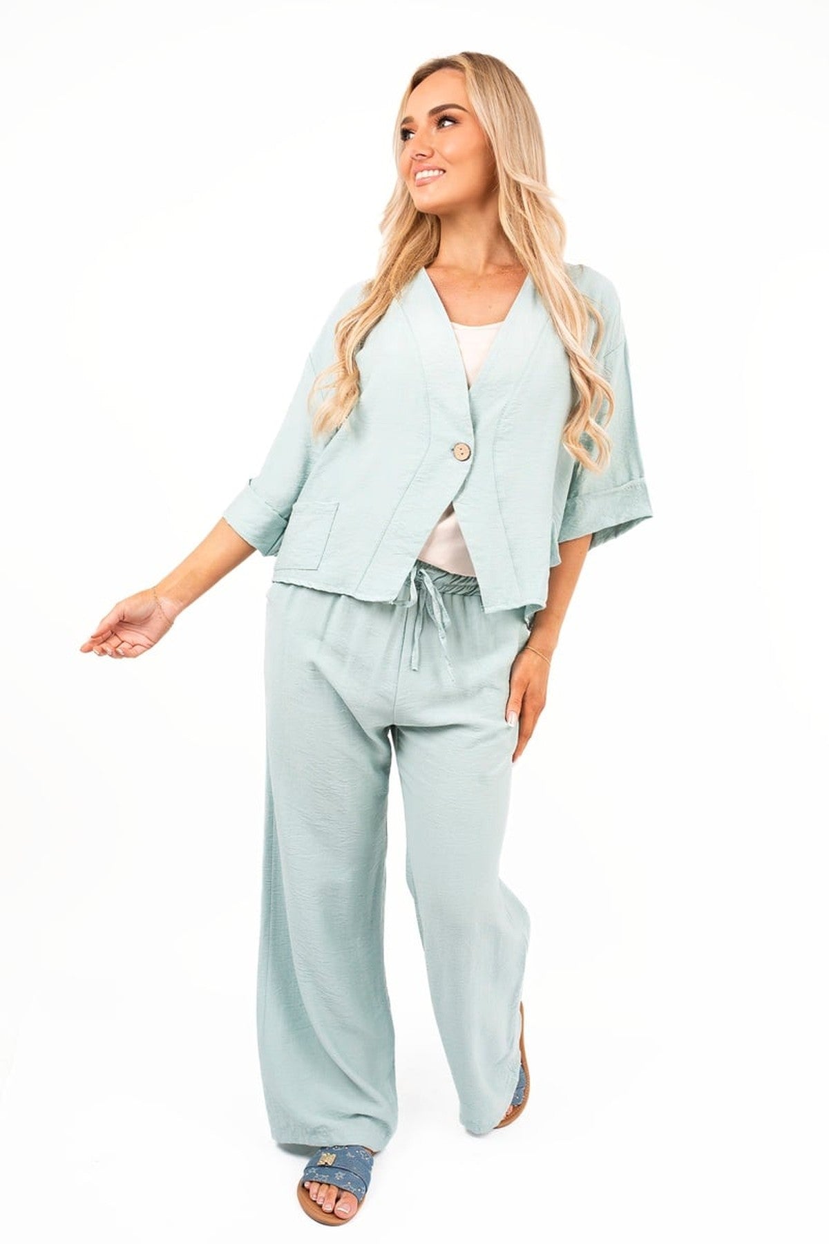 Lyssa Button Front Wide Sleeve Top And Trouser Co-ord Set - Mint
