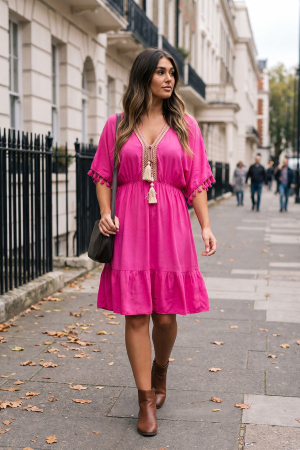 Maja V-neck Short Sleeve Midi Dress With Tassel Detail - Pink