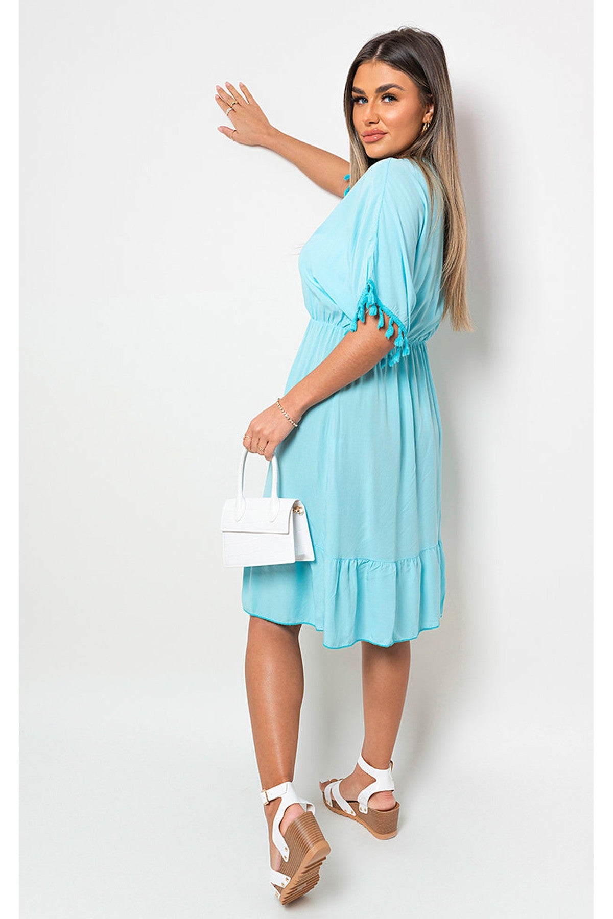 Maja V-Neck Short Sleeve Midi Dress With Tassel Detail - Aqua