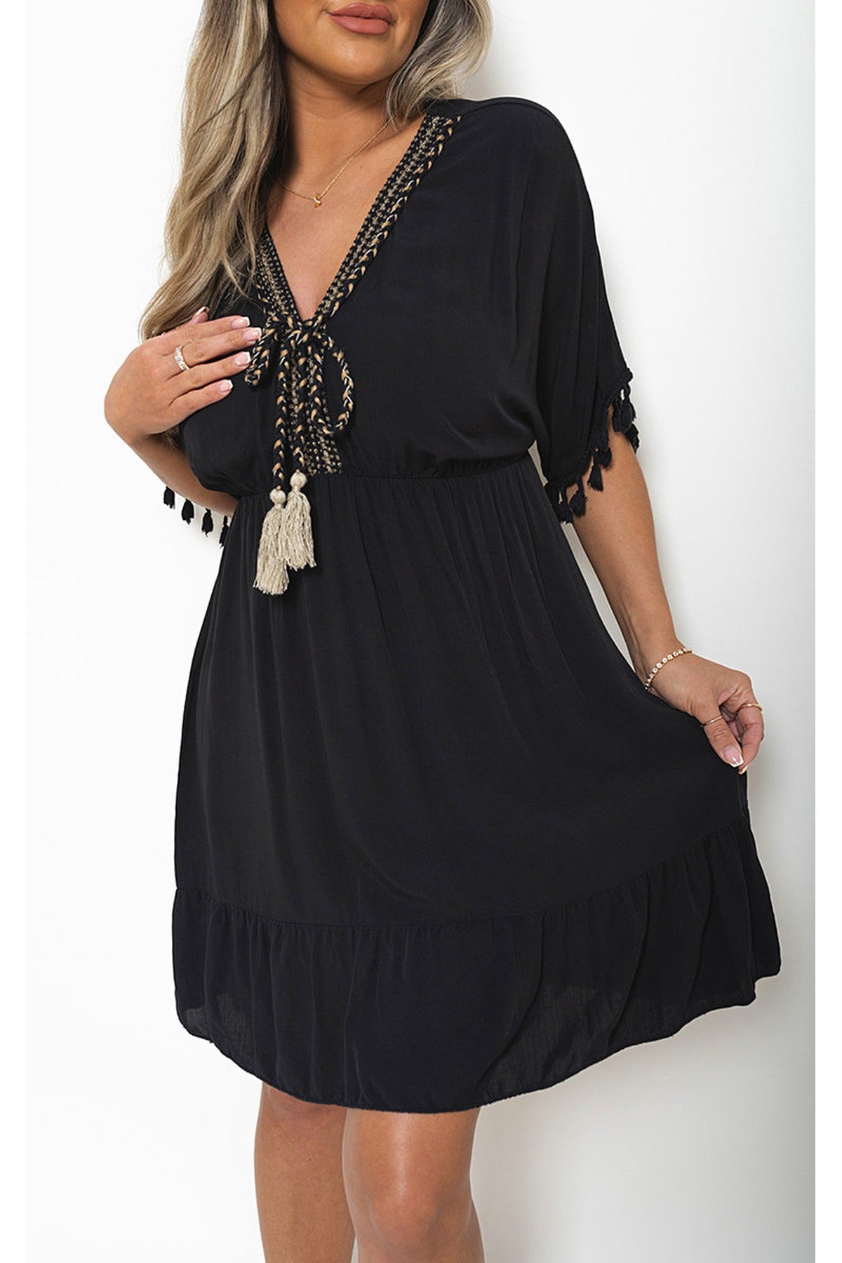 Maja V-Neck Short Sleeve Midi Dress With Tassel Detail - Black