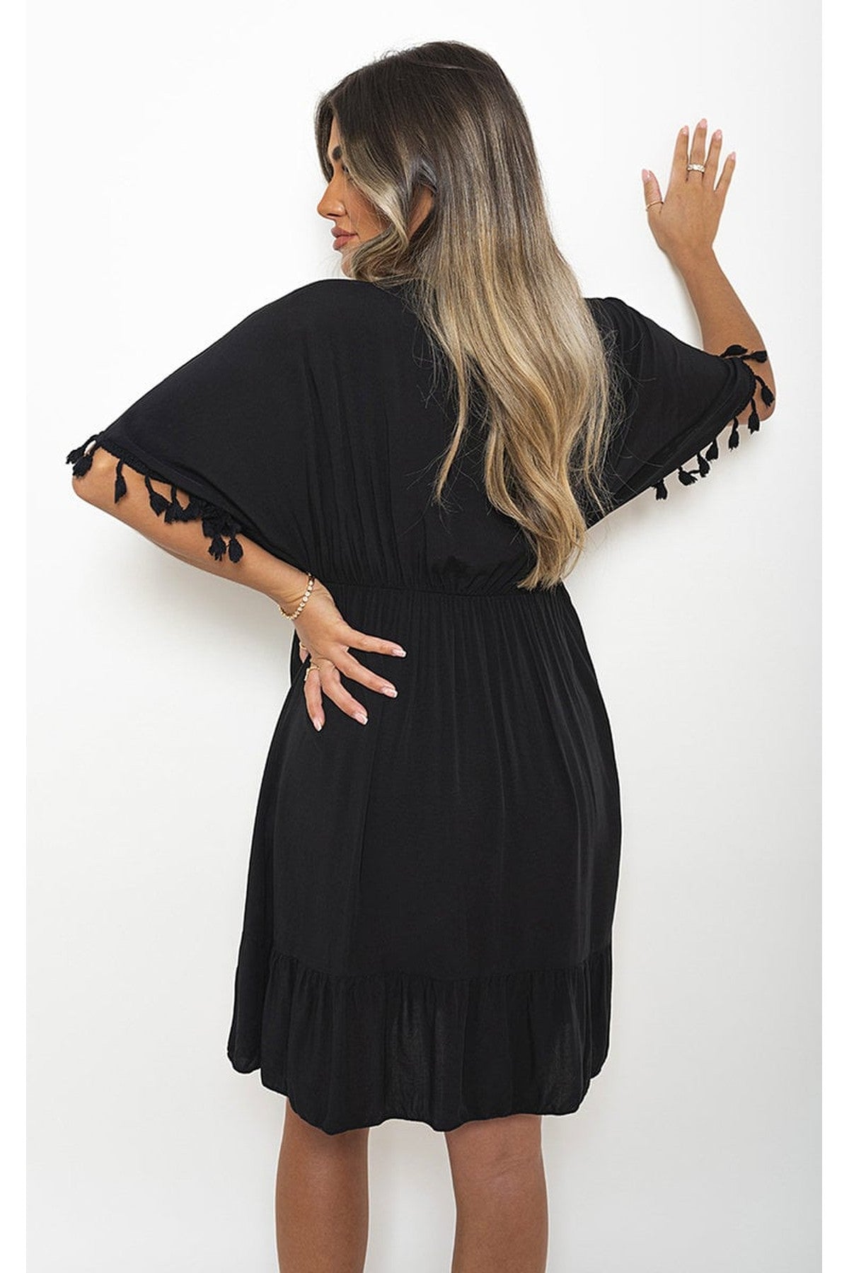 Maja V-Neck Short Sleeve Midi Dress With Tassel Detail - Black