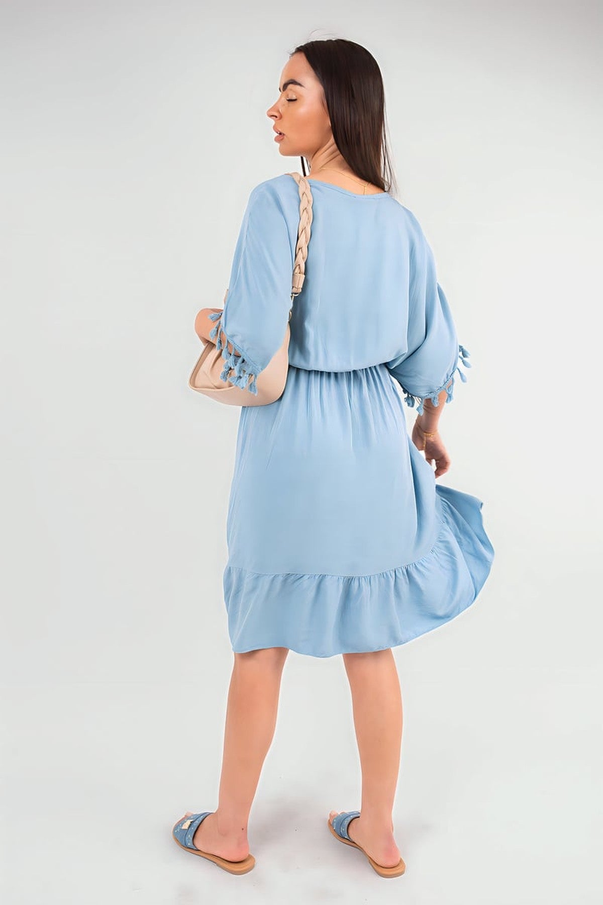 Maja V-Neck Short Sleeve Midi Dress With Tassel Detail - Denim