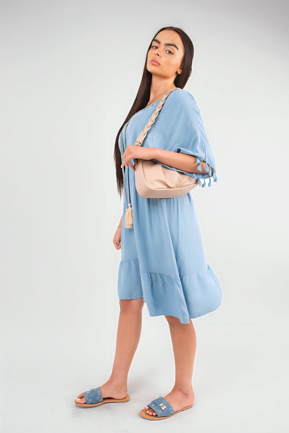 Maja V-Neck Short Sleeve Midi Dress With Tassel Detail - Denim