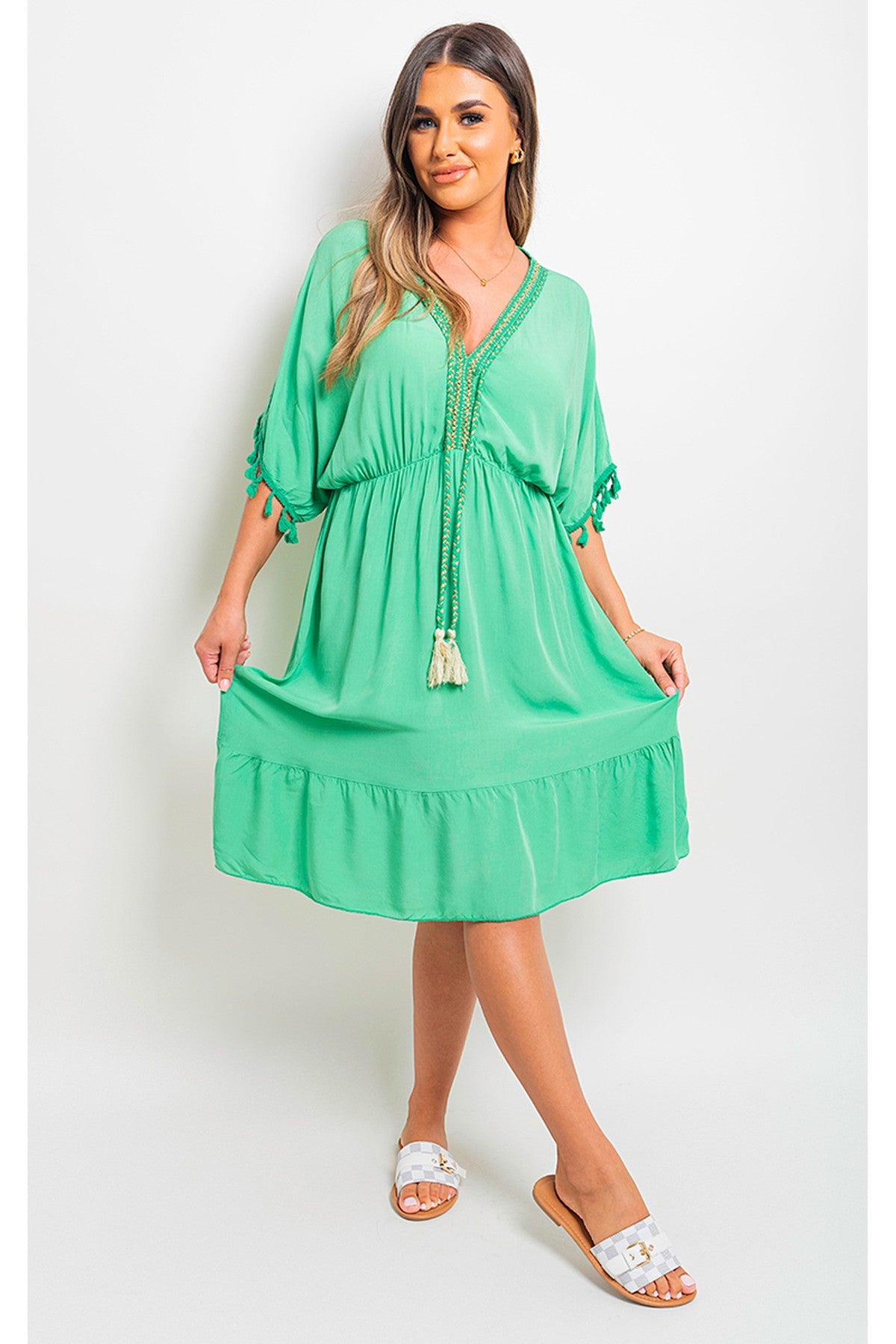 Maja V-Neck Short Sleeve Midi Dress With Tassel Detail - Green Guc