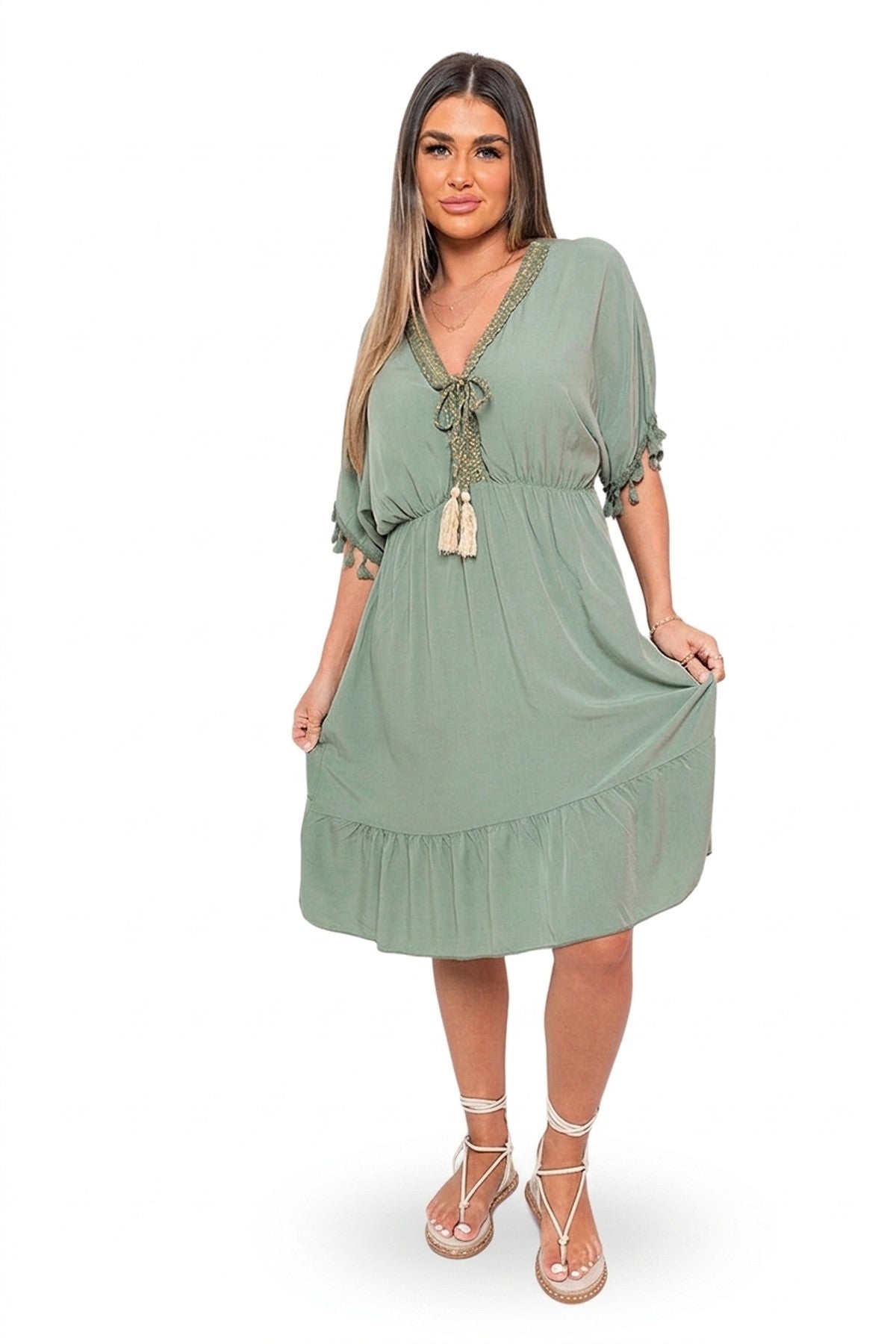 Maja V-neck Short Sleeve Midi Dress With Tassel Detail - Khaki_wb