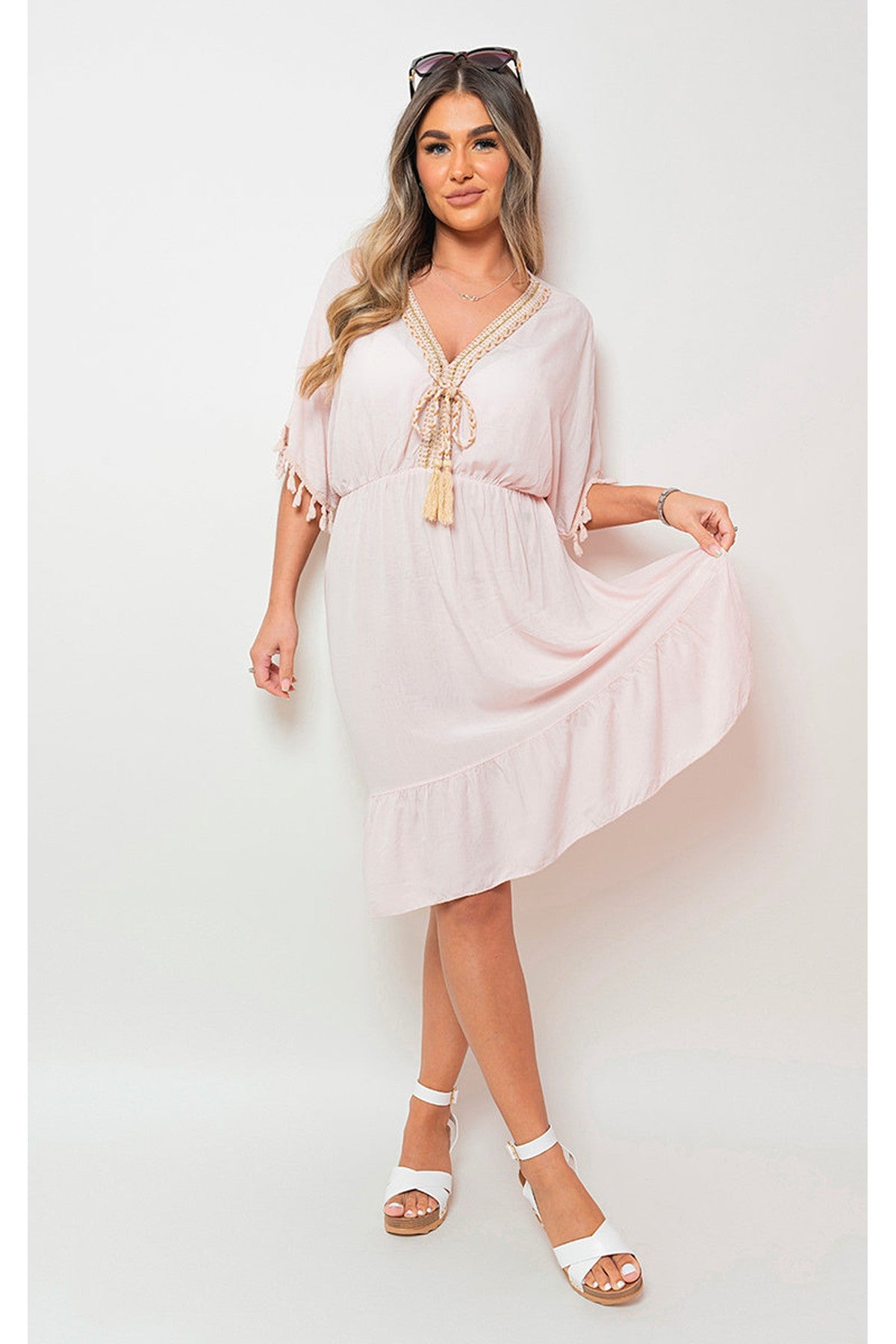 Maja V-Neck Short Sleeve Midi Dress With Tassel Detail - Light Pink