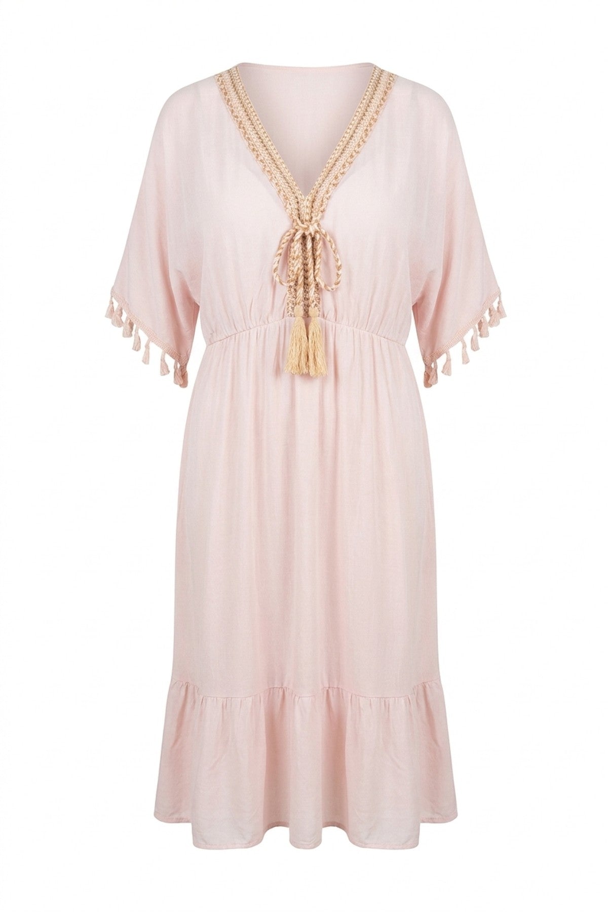Maja V-neck Short Sleeve Midi Dress With Tassel Detail - Light Pink_wb