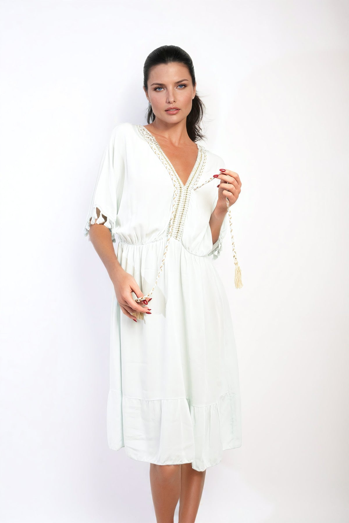 Maja V-Neck Short Sleeve Midi Dress With Tassel Detail - White
