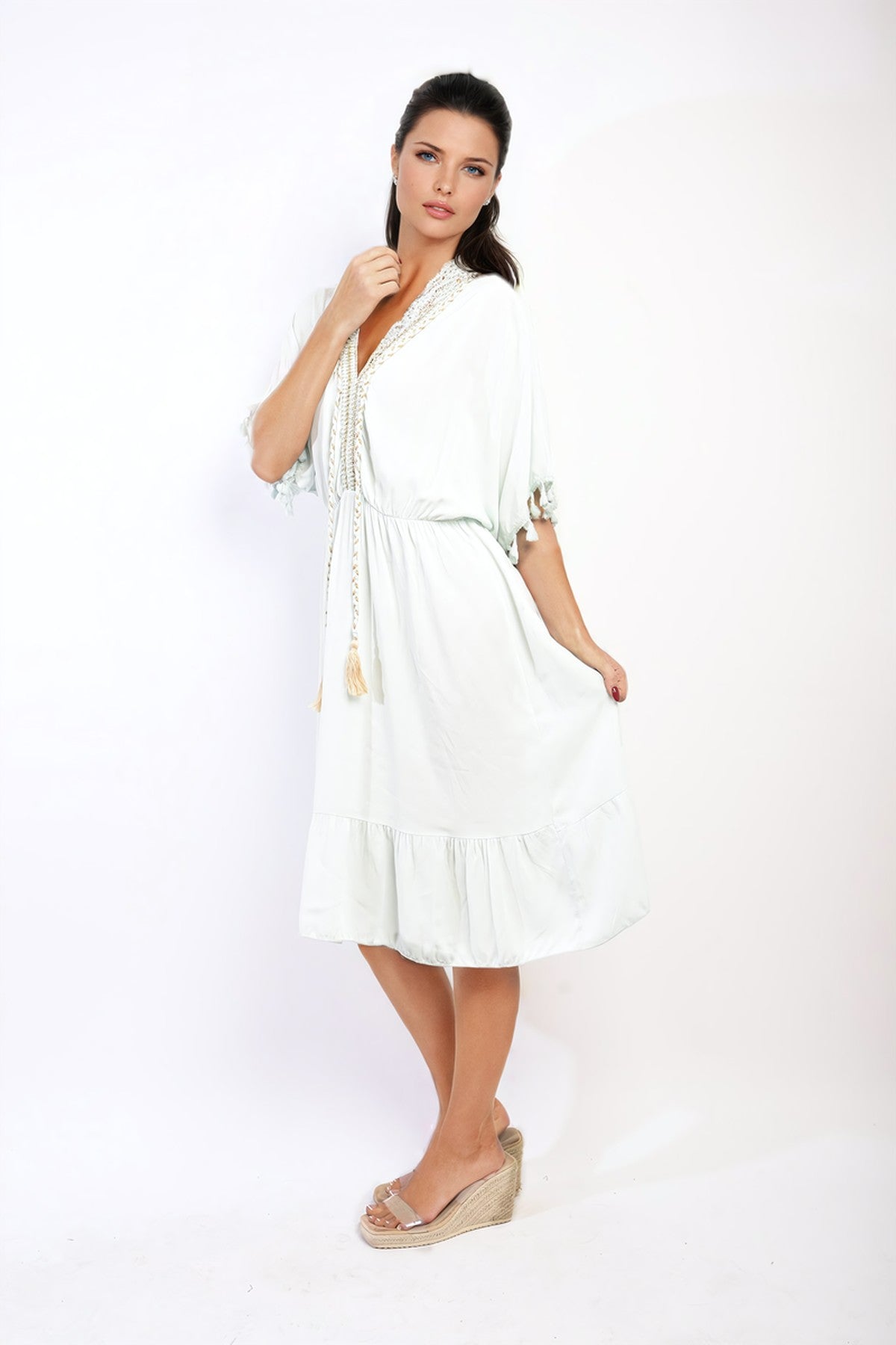 Maja V-Neck Short Sleeve Midi Dress With Tassel Detail - White