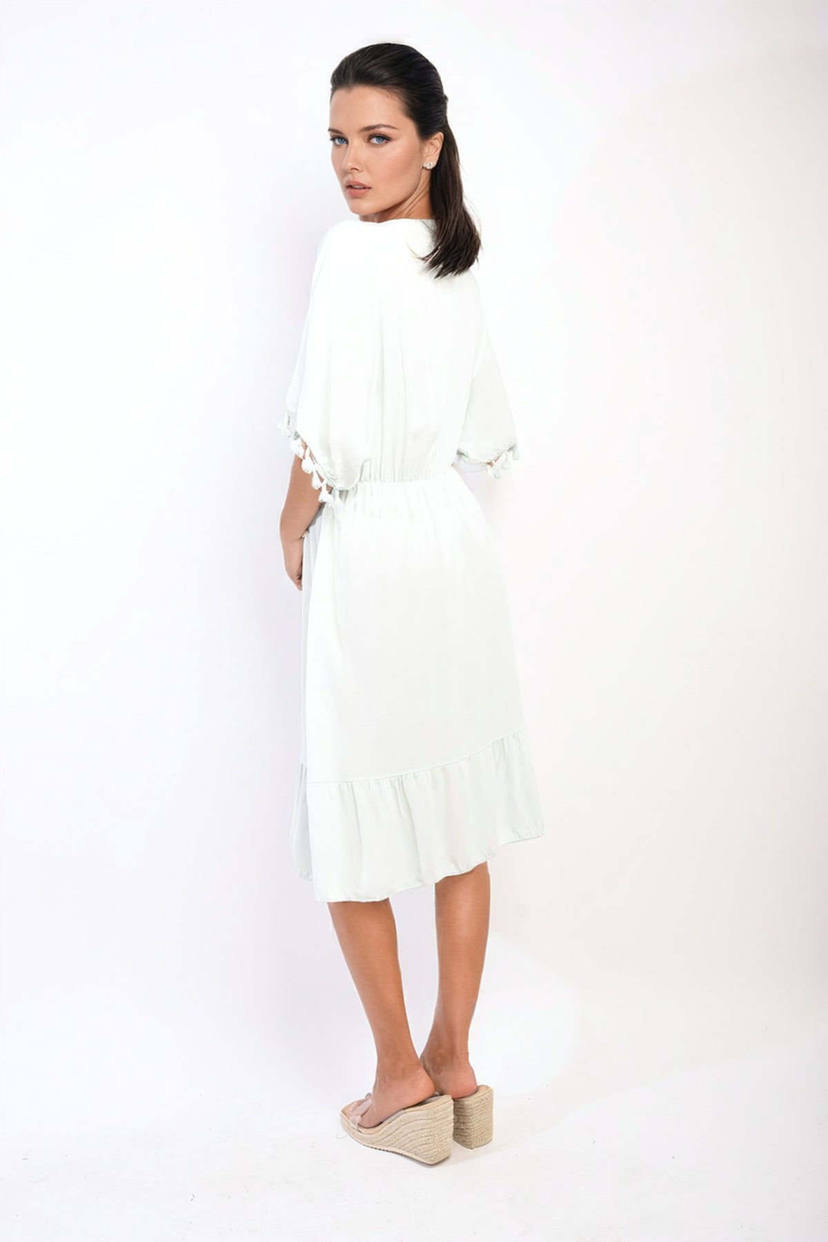 Maja V-Neck Short Sleeve Midi Dress With Tassel Detail - White