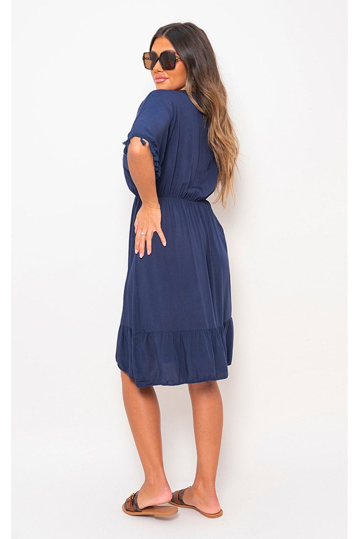 Maja V-Neck Short Sleeve Midi Dress With Tassel Detail - Navy