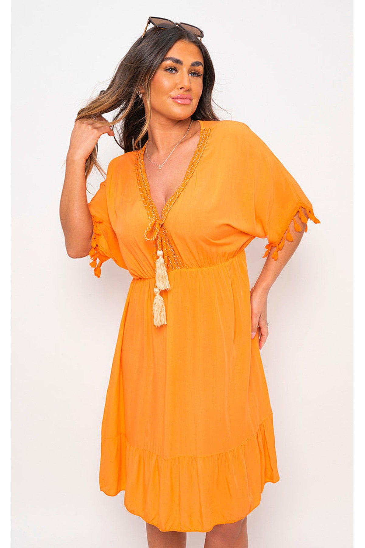 Maja V-Neck Short Sleeve Midi Dress With Tassel Detail - Orange
