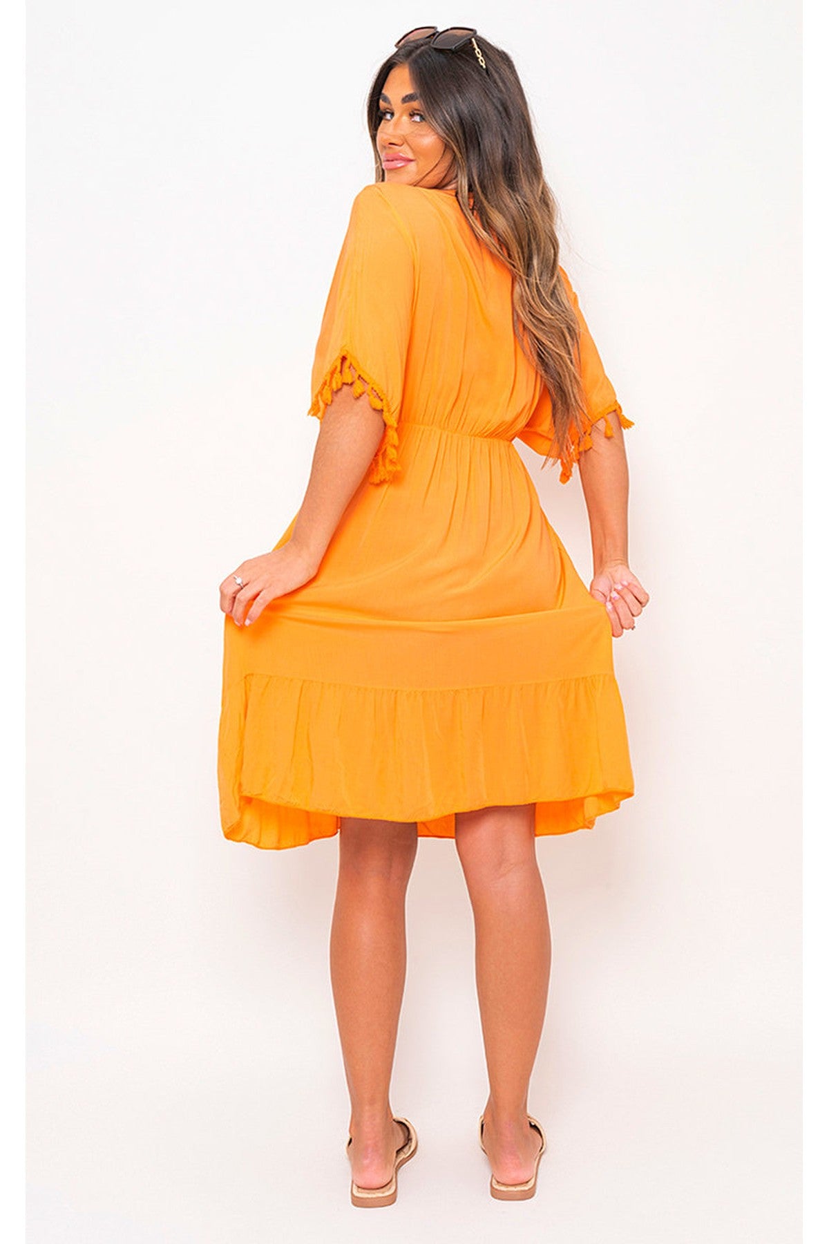 Maja V-Neck Short Sleeve Midi Dress With Tassel Detail - Orange