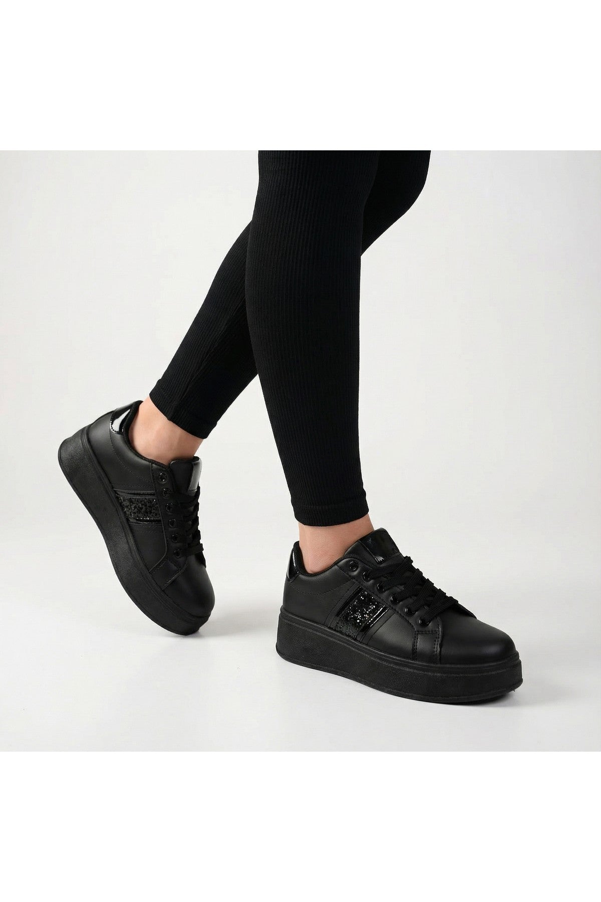 Malina Chunky Platform Glitter Detail Trainers - Black