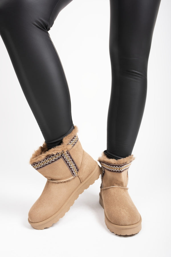 Malira Faux Suede Fluffy Lined Ankle Boots With Stitch Trim - Khaki