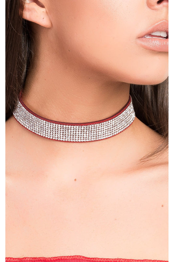 Maria Suede Diamante Choker - Red