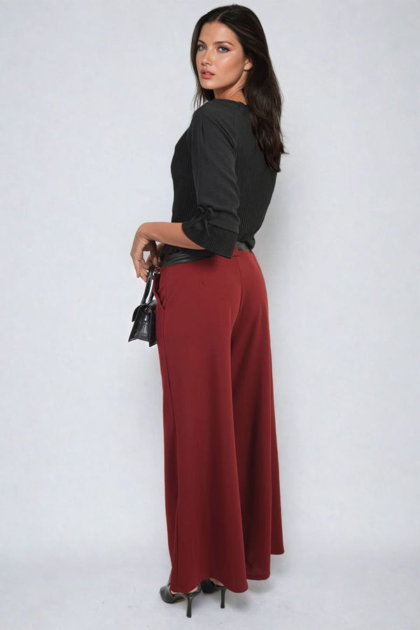Mariana Belted High Waist Wide Leg Trouser - Bordeaux
