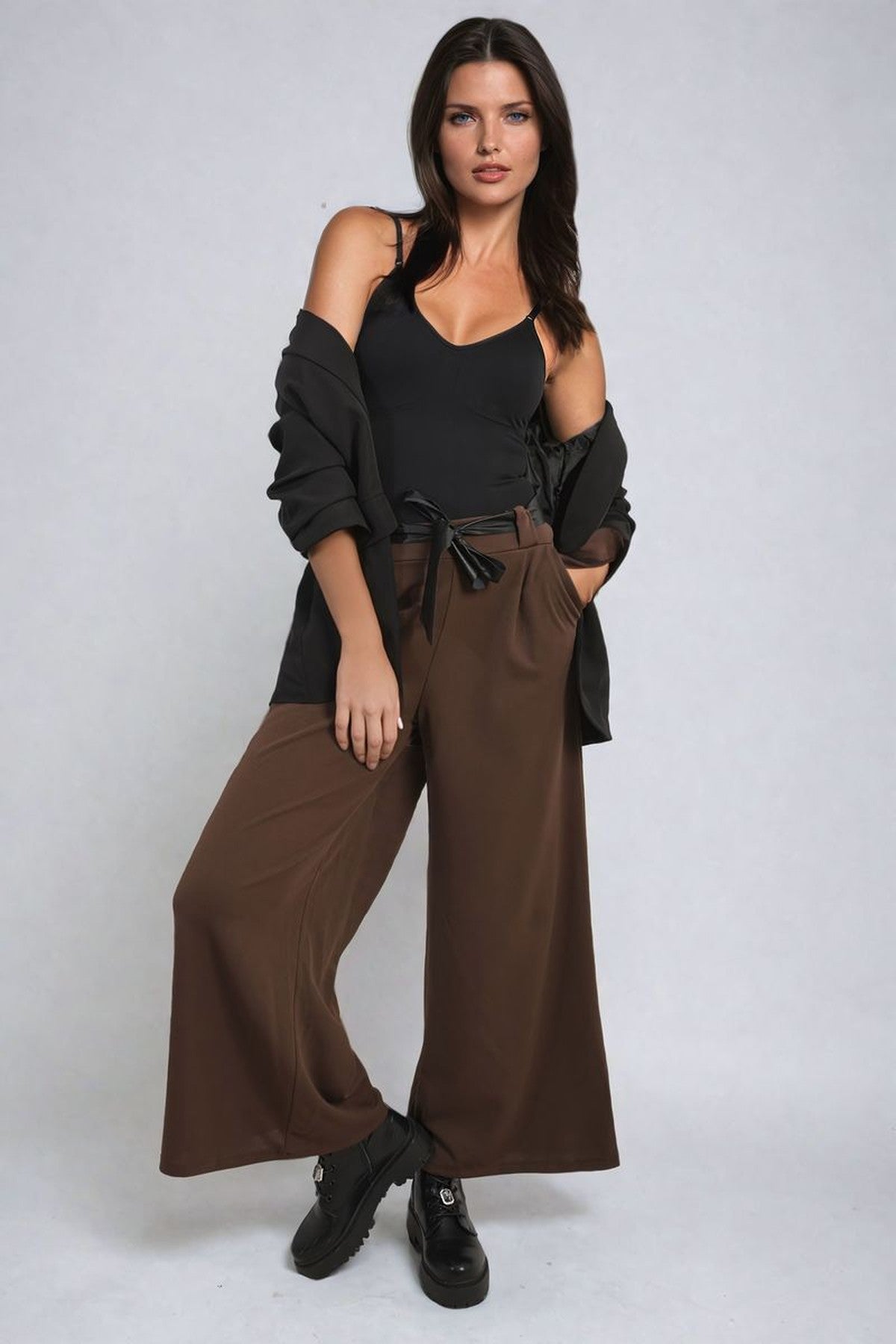Mariana Belted High Waist Wide Leg Trouser - Brown