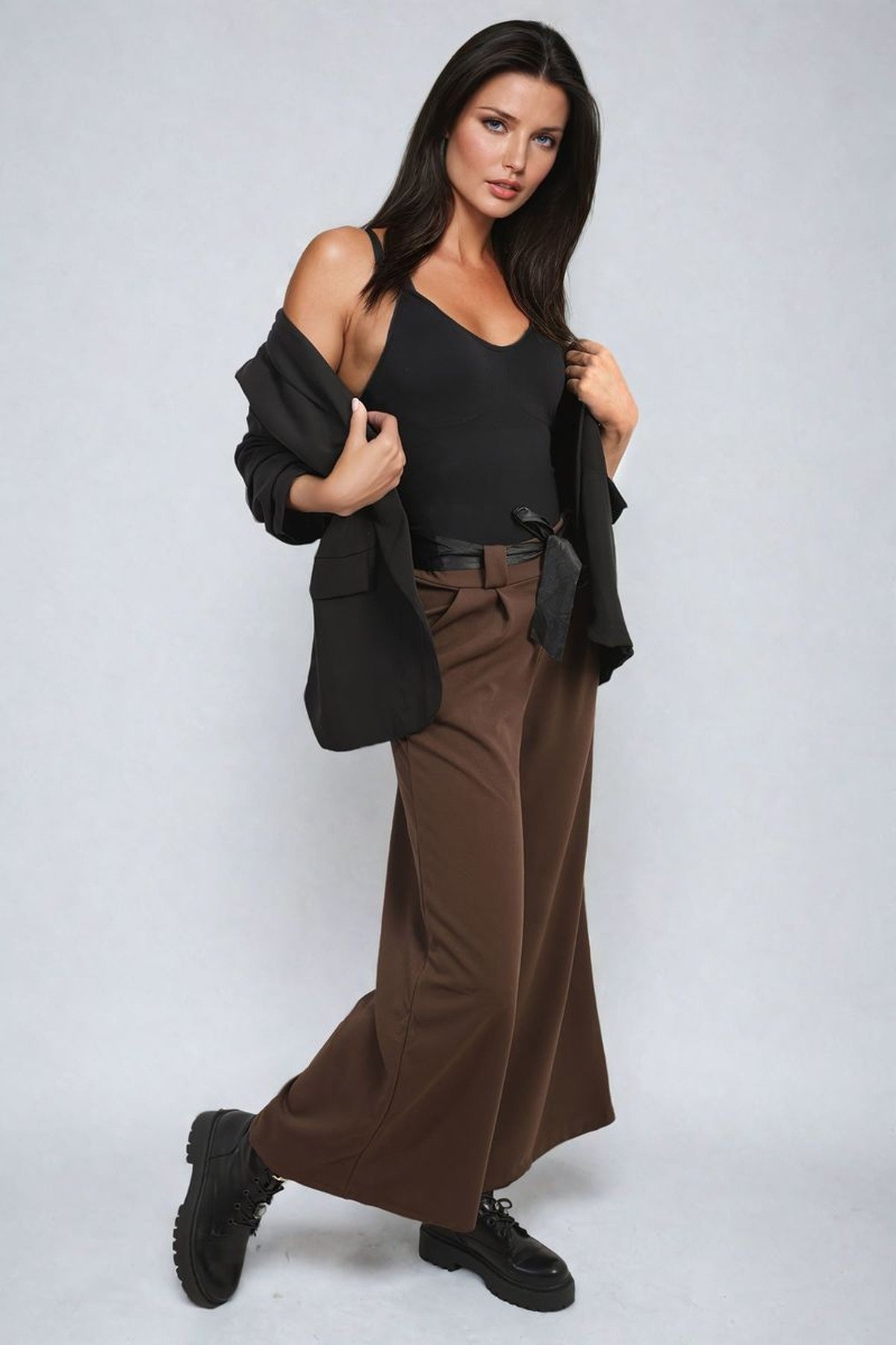 Mariana Belted High Waist Wide Leg Trouser - Brown