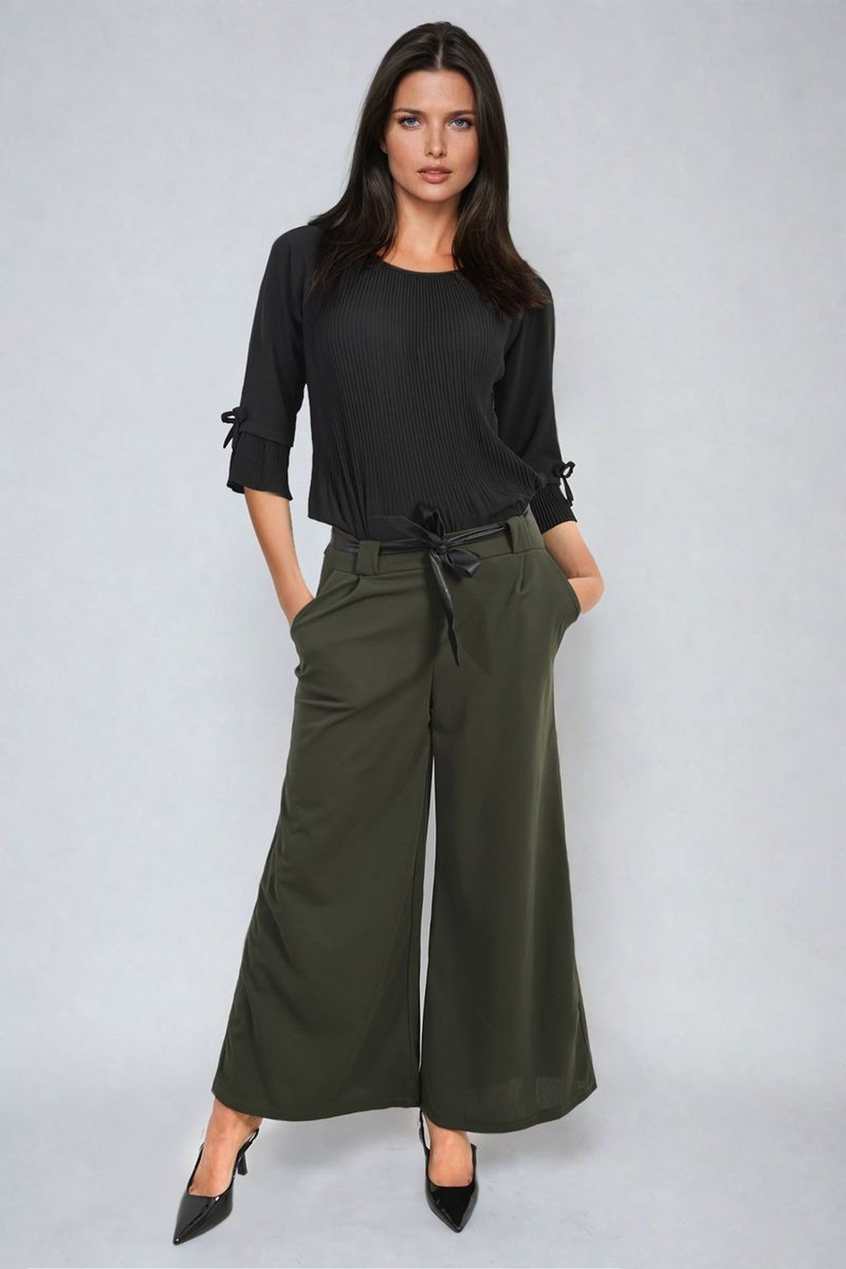 Mariana Belted High Waist Wide Leg Trouser - Khaki