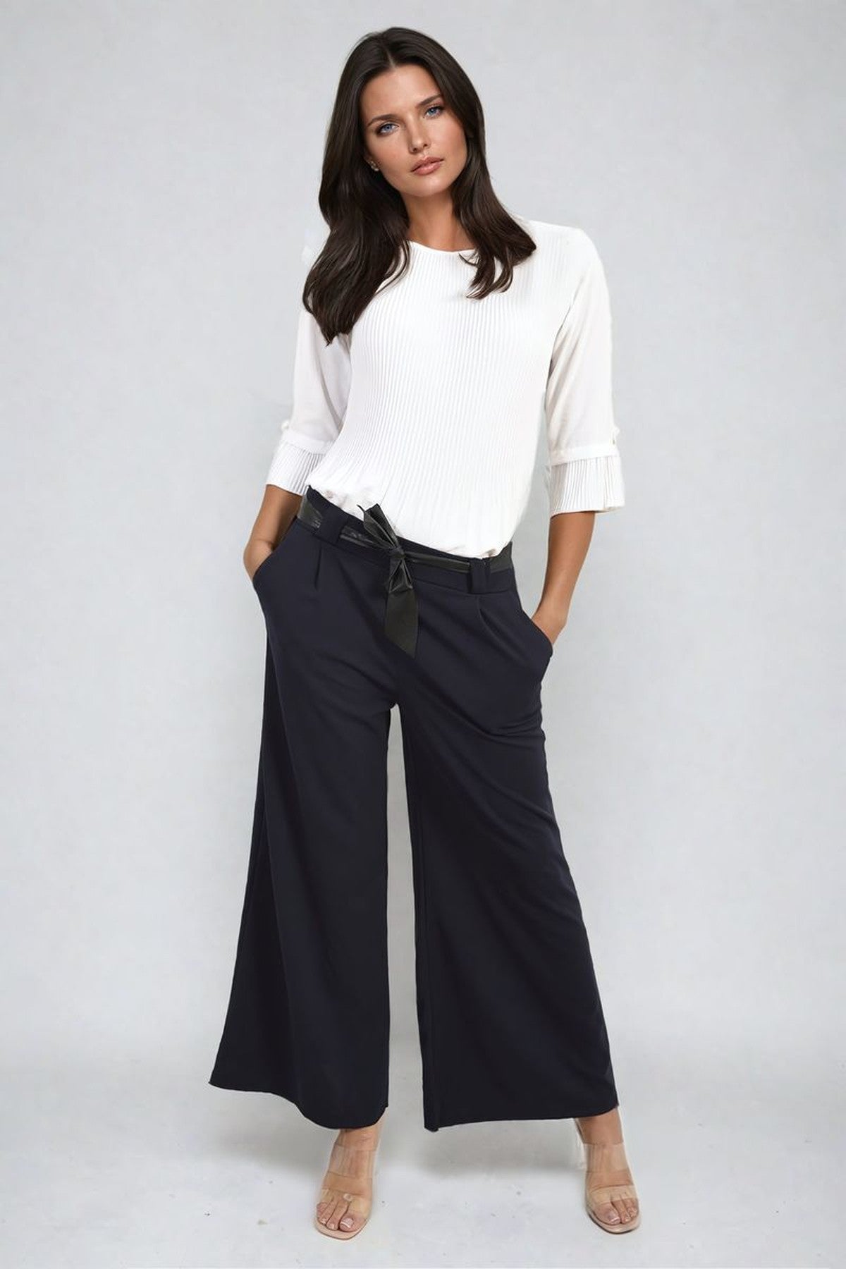 Mariana Belted High Waist Wide Leg Trouser - Navy