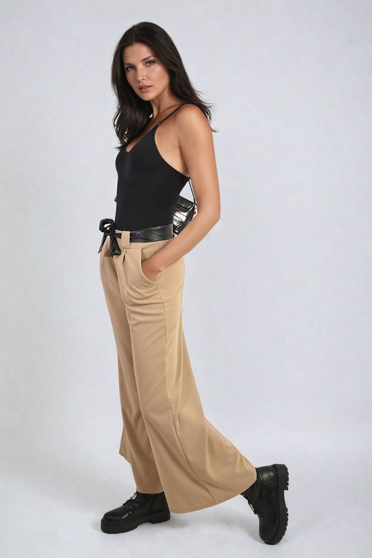 Mariana Belted High Waist Wide Leg Trouser - Stone