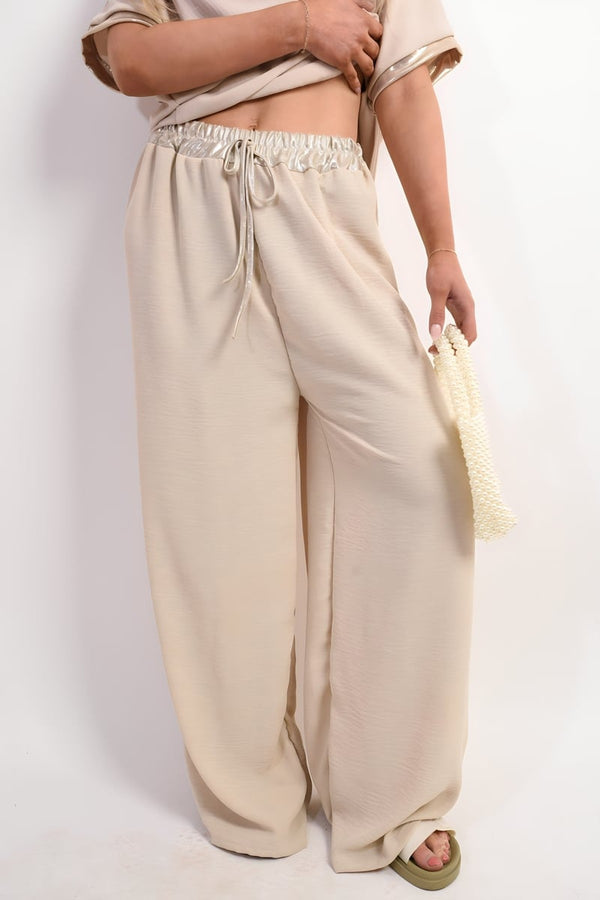 Marina Drawstring Shiny Waist Wide Leg Trouser - Beige