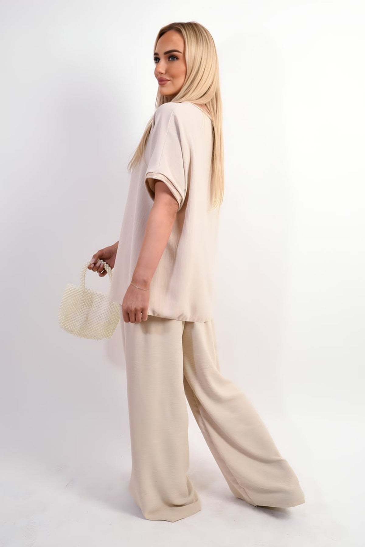 Marina Drawstring Shiny Waist Wide Leg Trouser - Beige