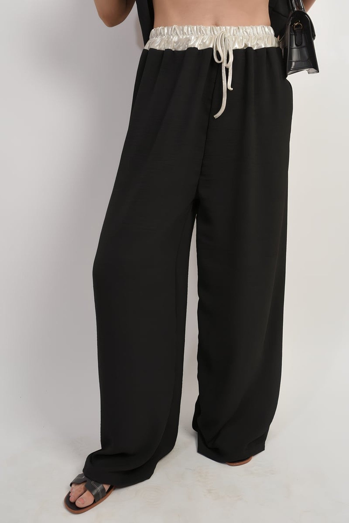Marina Drawstring Shiny Waist Wide Leg Trouser - Black
