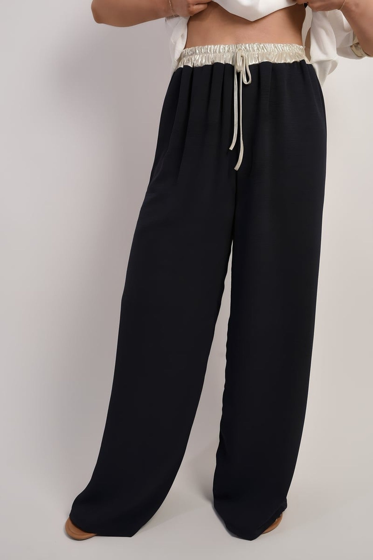 Marina Drawstring Shiny Waist Wide Leg Trouser - Navy