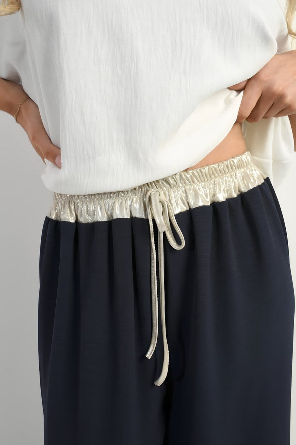 Marina Drawstring Shiny Waist Wide Leg Trouser - Navy