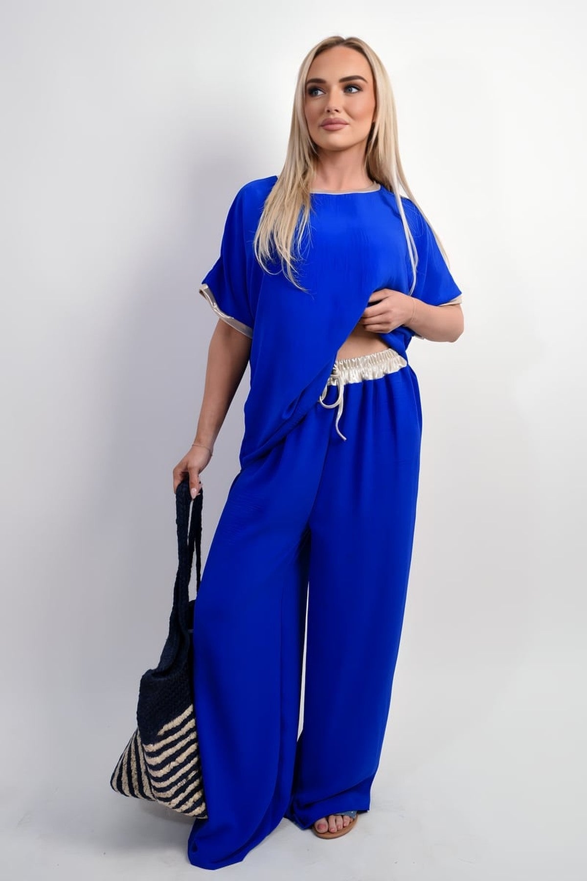Marina Drawstring Shiny Waist Wide Leg Trouser - Royal