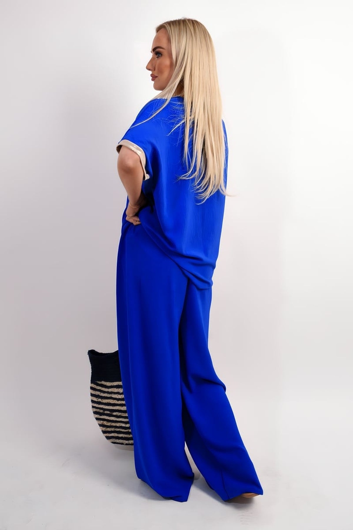 Marina Drawstring Shiny Waist Wide Leg Trouser - Royal