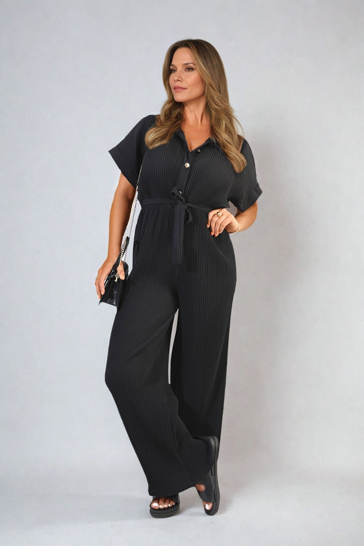 Marina Tie Waist Short Sleeve Pleated Jumpsuit - Black